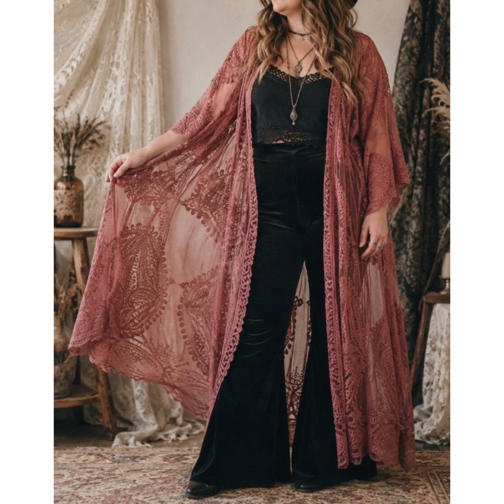 Artesia Women Crochet Sheer Lace Duster Size Large Mauve Dusty Pink Boho